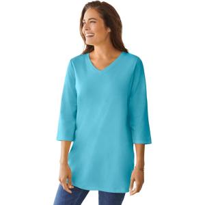 Woman Within Plus Size Perfect Three-Quarter Sleeve V-Neck Tunic(Pretty Turquoise)