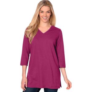Woman Within Plus Size Perfect Three-Quarter Sleeve V-Neck Tunic(Raspberry)