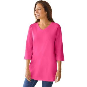 Woman Within Plus Size Perfect Three-Quarter Sleeve V-Neck Tunic(Raspberry Sorbet)