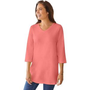 Woman Within Plus Size Perfect Three-Quarter Sleeve V-Neck Tunic(Sweet Coral)
