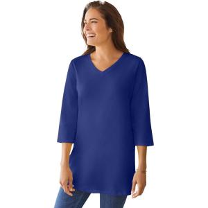 Woman Within Plus Size Perfect Three-Quarter Sleeve V-Neck Tunic(Ultra Blue)