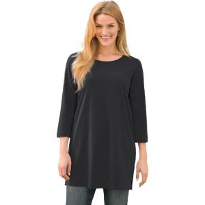 Woman Within Plus Size Perfect Three-Quarter-Sleeve Scoopneck Tunic(Black)