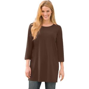 Woman Within Plus Size Perfect Three-Quarter-Sleeve Scoopneck Tunic(Chocolate)