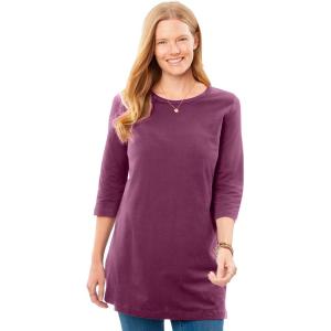 Woman Within Plus Size Perfect Three-Quarter-Sleeve Scoopneck Tunic(Deep Claret)