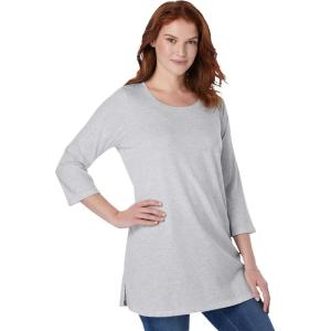 Woman Within Plus Size Perfect Three-Quarter-Sleeve Scoopneck Tunic(Heather Grey)