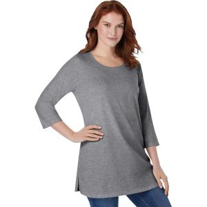 Woman Within Plus Size Perfect Three-Quarter-Sleeve Scoopneck Tunic(Medium Heather Grey)