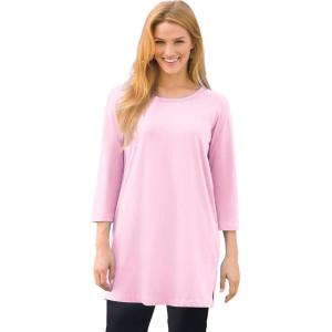 Woman Within Plus Size Perfect Three-Quarter-Sleeve Scoopneck Tunic(Pink)