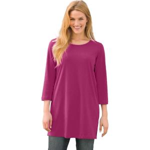 Woman Within Plus Size Perfect Three-Quarter-Sleeve Scoopneck Tunic(Raspberry)