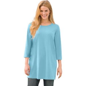 Woman Within Plus Size Perfect Three-Quarter-Sleeve Scoopneck Tunic(Seamist Blue)