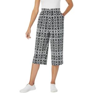 Woman Within Plus Size Petite Elastic-Waist Pull-On Knit Pocket Capri Pants(Black Watercolor Tile)