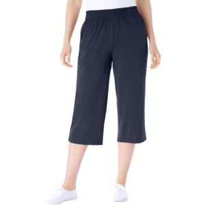 Woman Within Plus Size Petite Elastic-Waist Pull-On Knit Pocket Capri Pants(Navy)