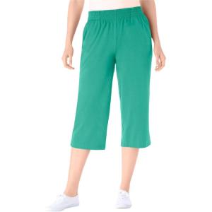 Woman Within Plus Size Petite Elastic-Waist Pull-On Knit Pocket Capri Pants(Pretty Jade)