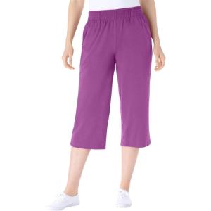 Woman Within Plus Size Petite Elastic-Waist Pull-On Knit Pocket Capri Pants(Purple Magenta)