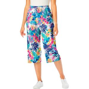 Woman Within Plus Size Petite Elastic-Waist Pull-On Knit Pocket Capri Pants(White Multi Tropicana)