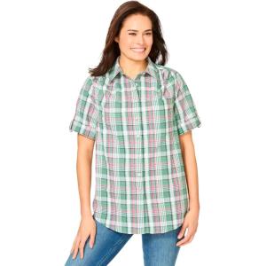 Woman Within Plus Size Petite Short-Sleeve Button Down Seersucker Shirt(Pine Plaid)