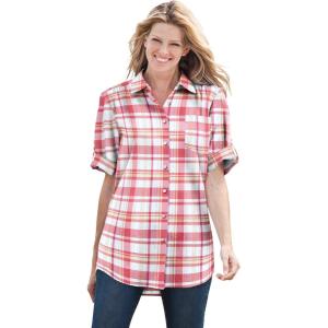 Woman Within Plus Size Petite Short-Sleeve Button Down Seersucker Shirt(Rose Pink Camp Plaid)