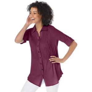 Woman Within Plus Size Pintucked Button Down Gauze Shirt(Deep Claret)