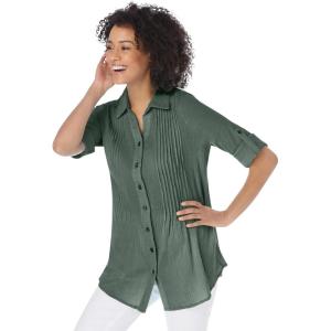 Woman Within Plus Size Pintucked Button Down Gauze Shirt(Pine)