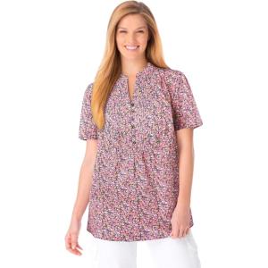 Woman Within Plus Size Pintucked Half-Button Tunic(Black Multi Blooming Ditsy)