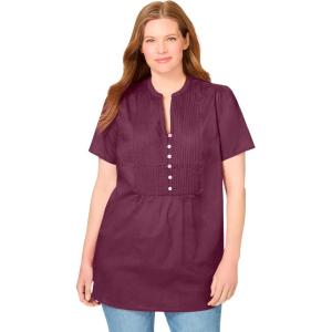Woman Within Plus Size Pintucked Half-Button Tunic(Deep Claret)