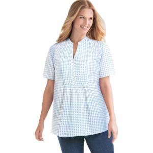 Woman Within Plus Size Pintucked Half-Button Tunic(French Blue Gingham)