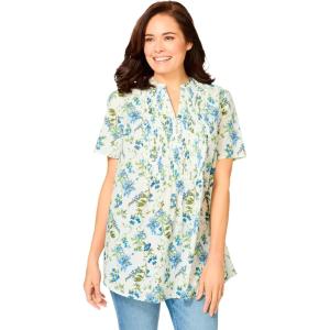 Woman Within Plus Size Pintucked Half-Button Tunic(French Blue Meadow Floral)