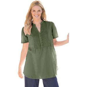 Woman Within Plus Size Pintucked Half-Button Tunic(Olive Green)