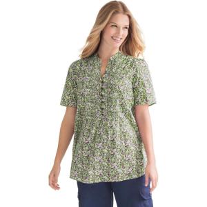 Woman Within Plus Size Pintucked Half-Button Tunic(Olive Green Blooming Ditsy)