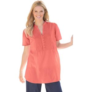 Woman Within Plus Size Pintucked Half-Button Tunic(Sweet Coral)