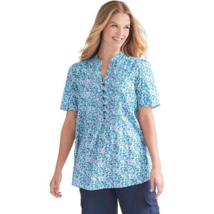 Woman Within Plus Size Pintucked Half-Button Tunic(Waterfall Blooming Ditsy)