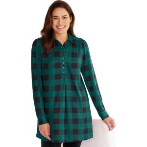 Woman Within Plus Size Plaid Knit Tunic with Collar(Emerald Green Plaid)
