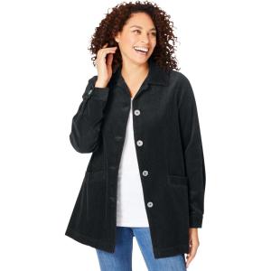 Woman Within Plus Size Pleat-Back Corduroy Jacket Long Oversized Barn Coat(Black)