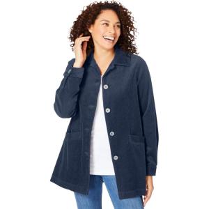 Woman Within Plus Size Pleat-Back Corduroy Jacket Long Oversized Barn Coat(Navy)