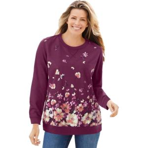 Woman Within Plus Size Printed Sweatshirt(Deep Claret Growing Garden)