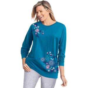 Woman Within Plus Size Printed Sweatshirt(Deep Teal Multi Floral Embroidery)