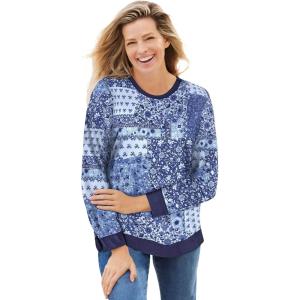 Woman Within Plus Size Printed Sweatshirt(French Blue Patched Paisley)