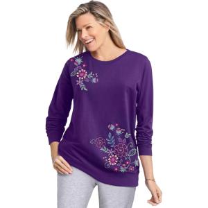 Woman Within Plus Size Printed Sweatshirt(Radiant Purple Multi Floral Embroidery)