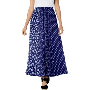 Woman Within Plus Size Pull-On Elastic Waist Soft Maxi Skirt(Navy Floral Stripe)