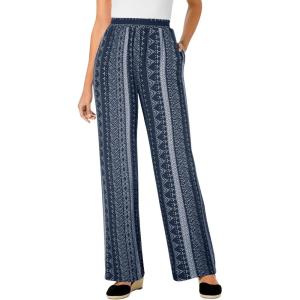 Woman Within Plus Size Pull-On Elastic Waist Soft Pants(Navy Batik Stripe)