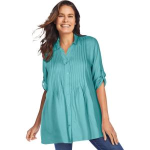Woman Within Plus Size Rayon 7-Day Pintucked Tunic Blouse(Azure)