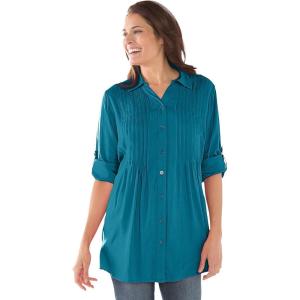 Woman Within Plus Size Rayon 7-Day Pintucked Tunic Blouse(Deep Teal)