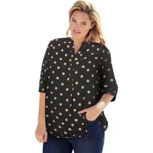 Woman Within Plus Size Rayon 7-Day Three-Quarter Sleeve Tab-Front Tunic(Black Dot)