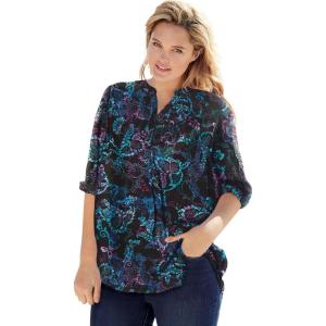 Woman Within Plus Size Rayon 7-Day Three-Quarter Sleeve Tab-Front Tunic(Black Multi Batik)