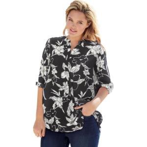 Woman Within Plus Size Rayon 7-Day Three-Quarter Sleeve Tab-Front Tunic(Black White Graphic Floral)
