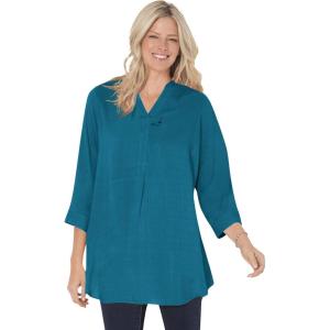 Woman Within Plus Size Rayon 7-Day Three-Quarter Sleeve Tab-Front Tunic(Deep Teal)