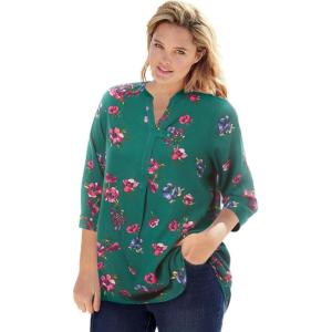 Woman Within Plus Size Rayon 7-Day Three-Quarter Sleeve Tab-Front Tunic(Emerald Green Magnolia)
