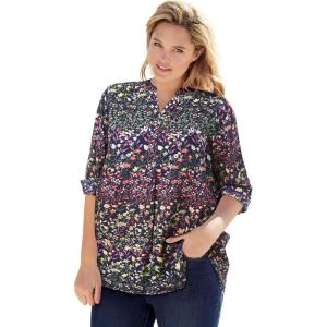 Woman Within Plus Size Rayon 7-Day Three-Quarter Sleeve Tab-Front Tunic(Navy Garden Print)