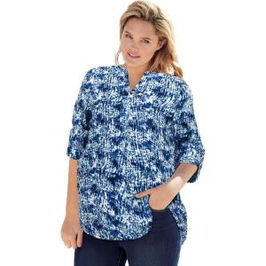 Woman Within Plus Size Rayon 7-Day Three-Quarter Sleeve Tab-Front Tunic(Navy Texture Tie Dye)