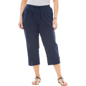 Woman Within Plus Size Seersucker Pull-On Elastic-Waist Capri Pants(Navy)