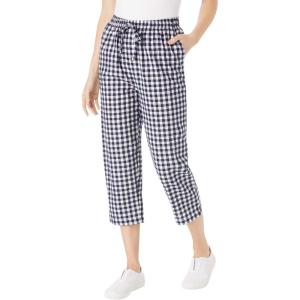 Woman Within Plus Size Seersucker Pull-On Elastic-Waist Capri Pants(Navy Gingham)